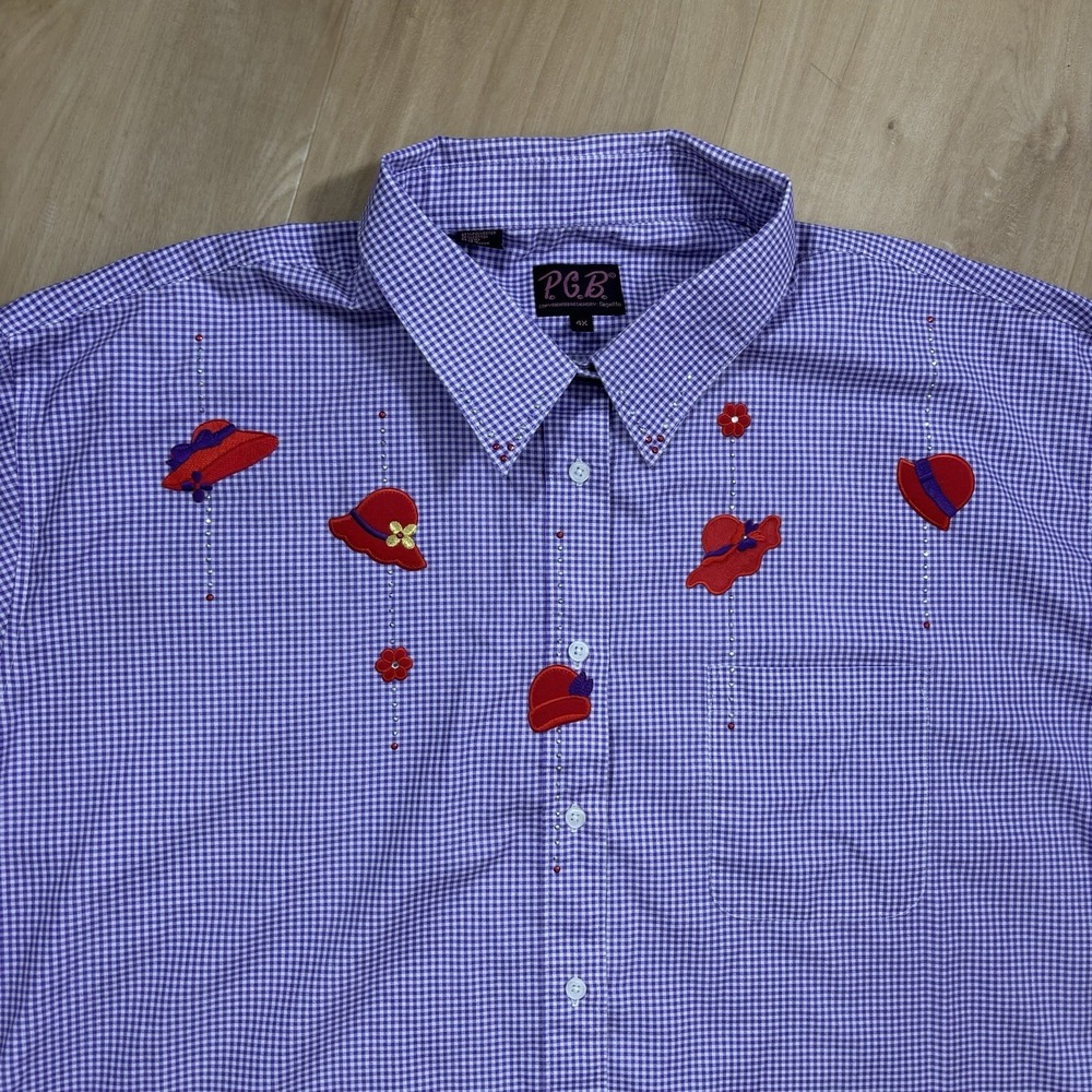Vintage Gepetto Women's Button Up Red Hat Society Purple Plaid 4X Embroidered